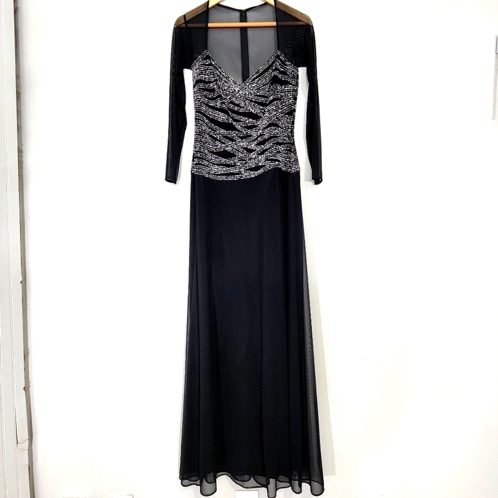 Tadashi LONG SHEER SLEEVE BEADED COCKTAIL FORMAL MAXI DRESS